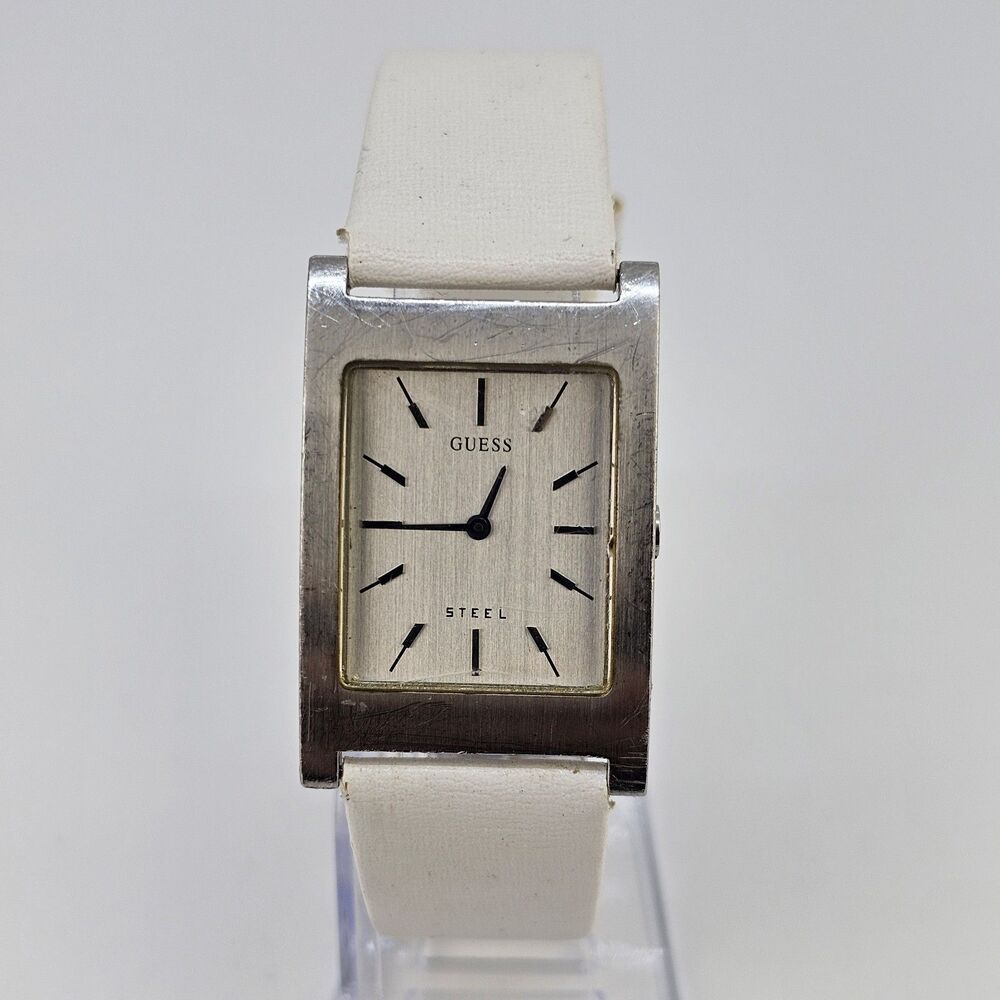 Guess Women's Watch 26MM Gray Dial White Faux Leather Bands New Battery